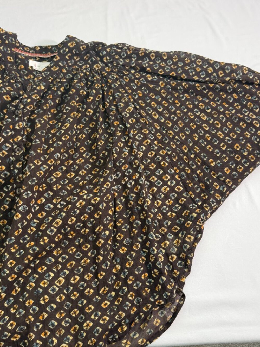 Anthropologie Brown Sheer Blouse Size Large Boho Print Button Front Flowy Top - Picture 9 of 10